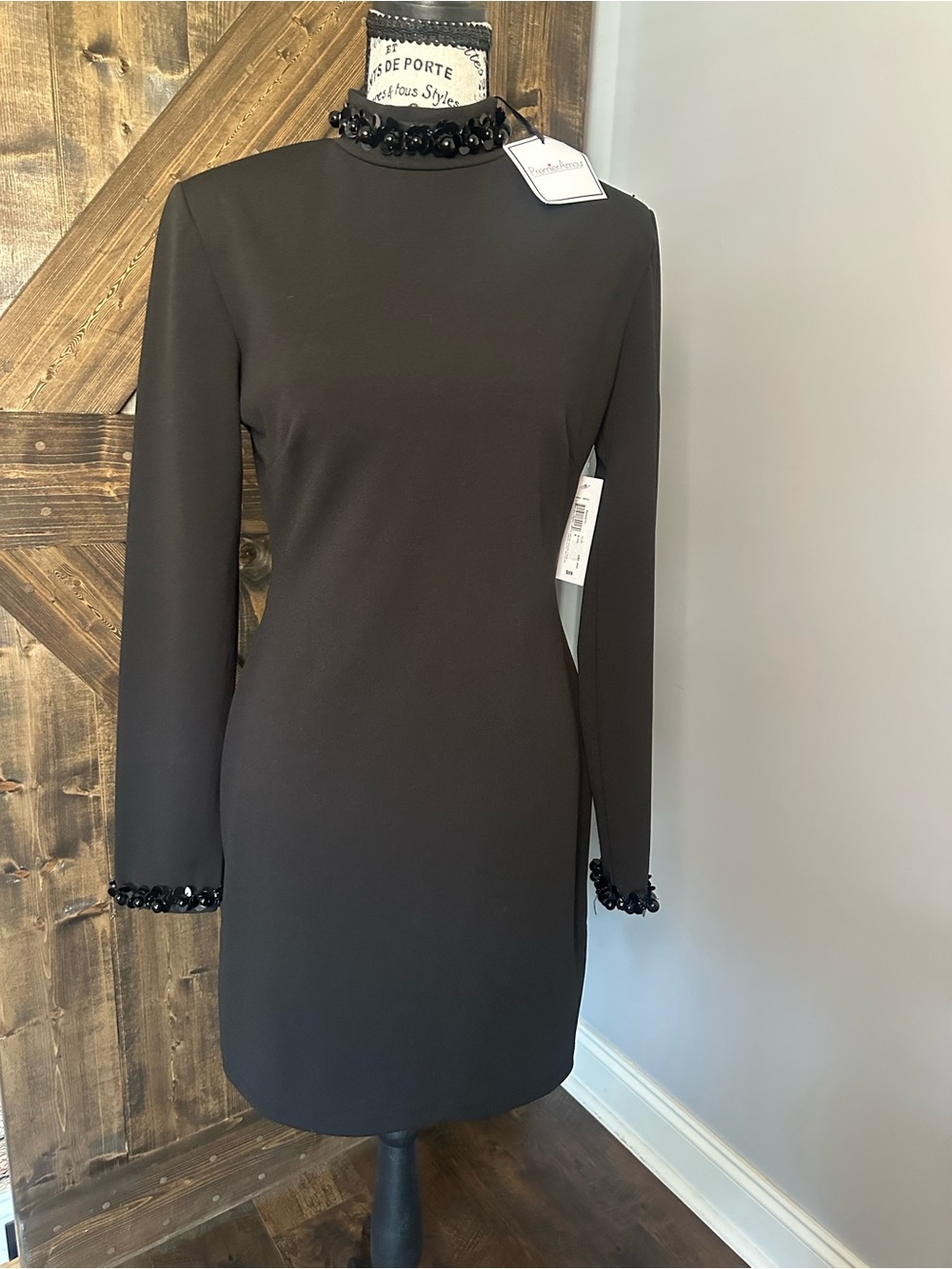 Premier Black Long-Sleeve Embellished Mock Neck Dress